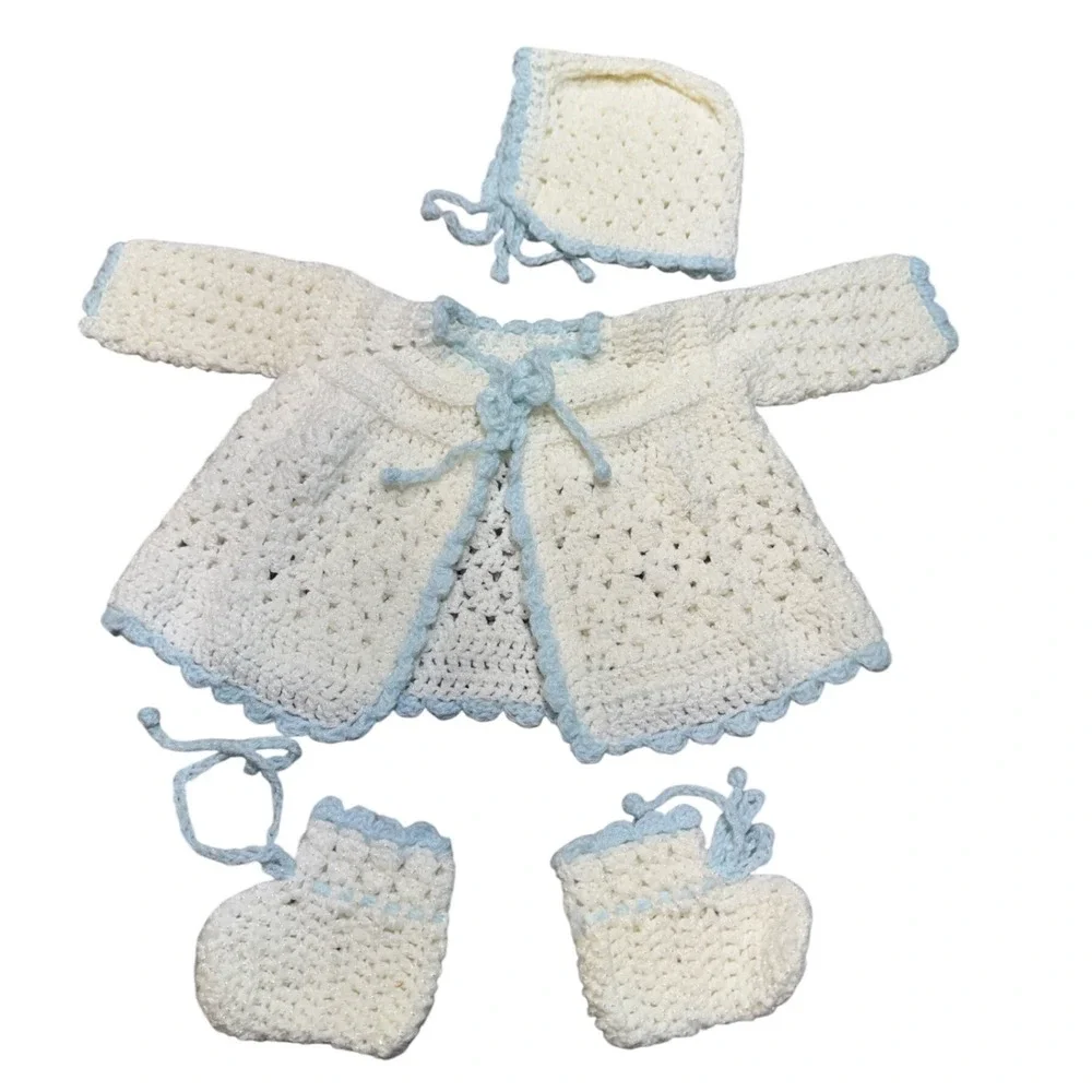 Vintage Unbranded Crochet Cardigan Bonnet Booties Set Kids 0 3M Soft Coquette